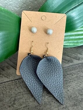 Handcrafted Gray Faux Leather Teardrop Dangle Earrings with Stud Set